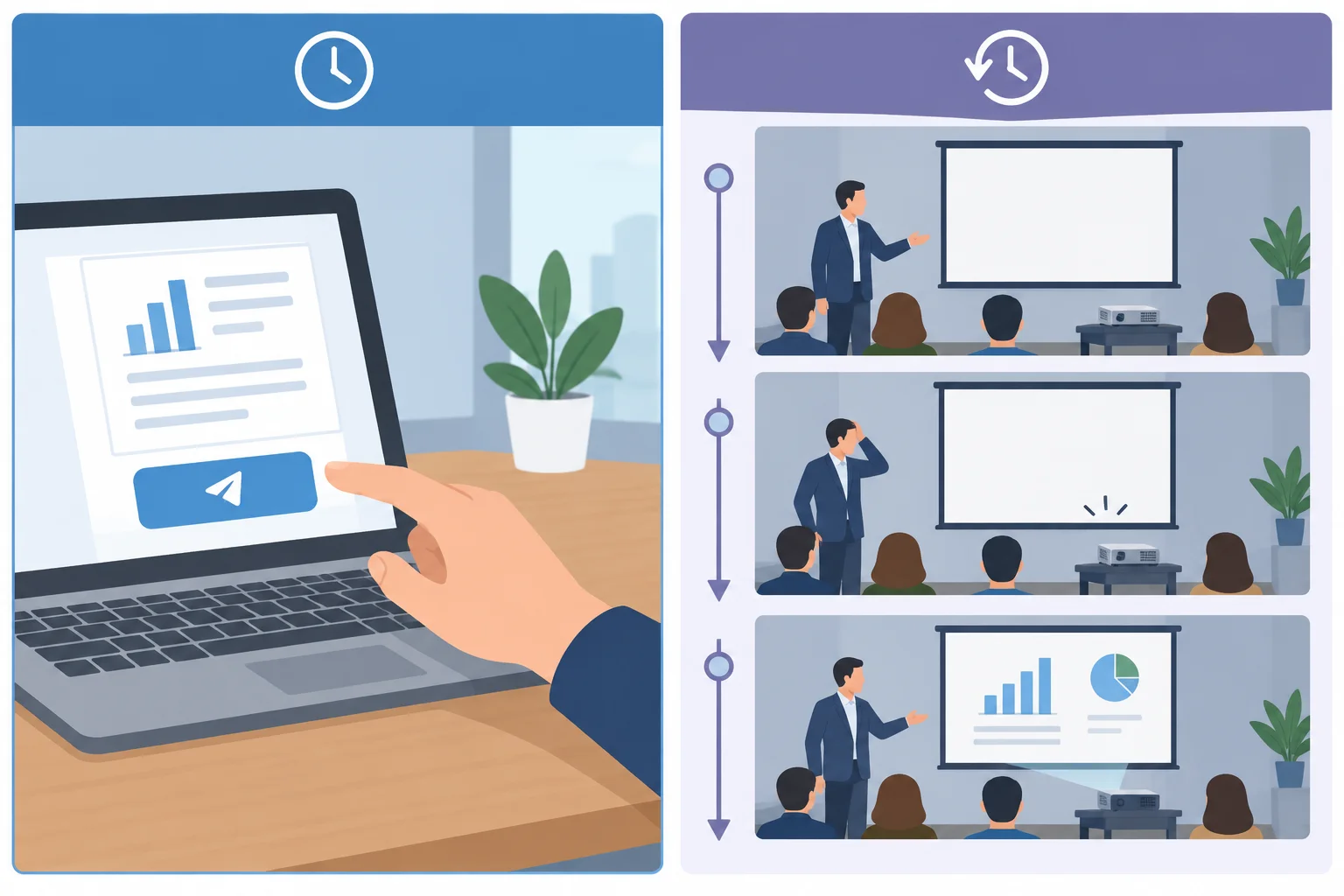 Linha do tempo com o envio iminente de um relatório no presente e uma apresentação interrompida por um projetor, mas realizada mais tarde.
