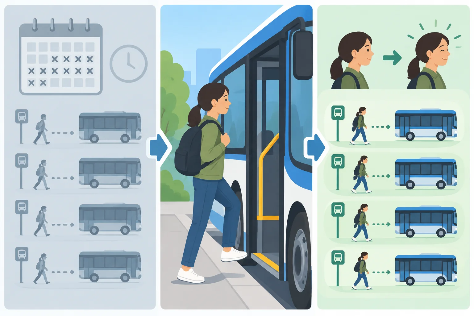 Infográfico com três momentos: hábito passado, familiaridade atual e adaptação em andamento em relação a pegar ônibus.