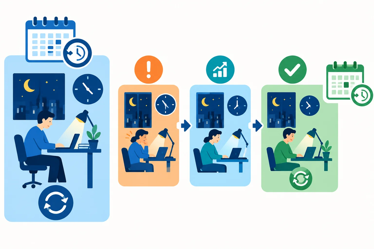 Linha do tempo comparando uma situação já familiar no passado com um percurso de adaptação que chega a um marco passado.