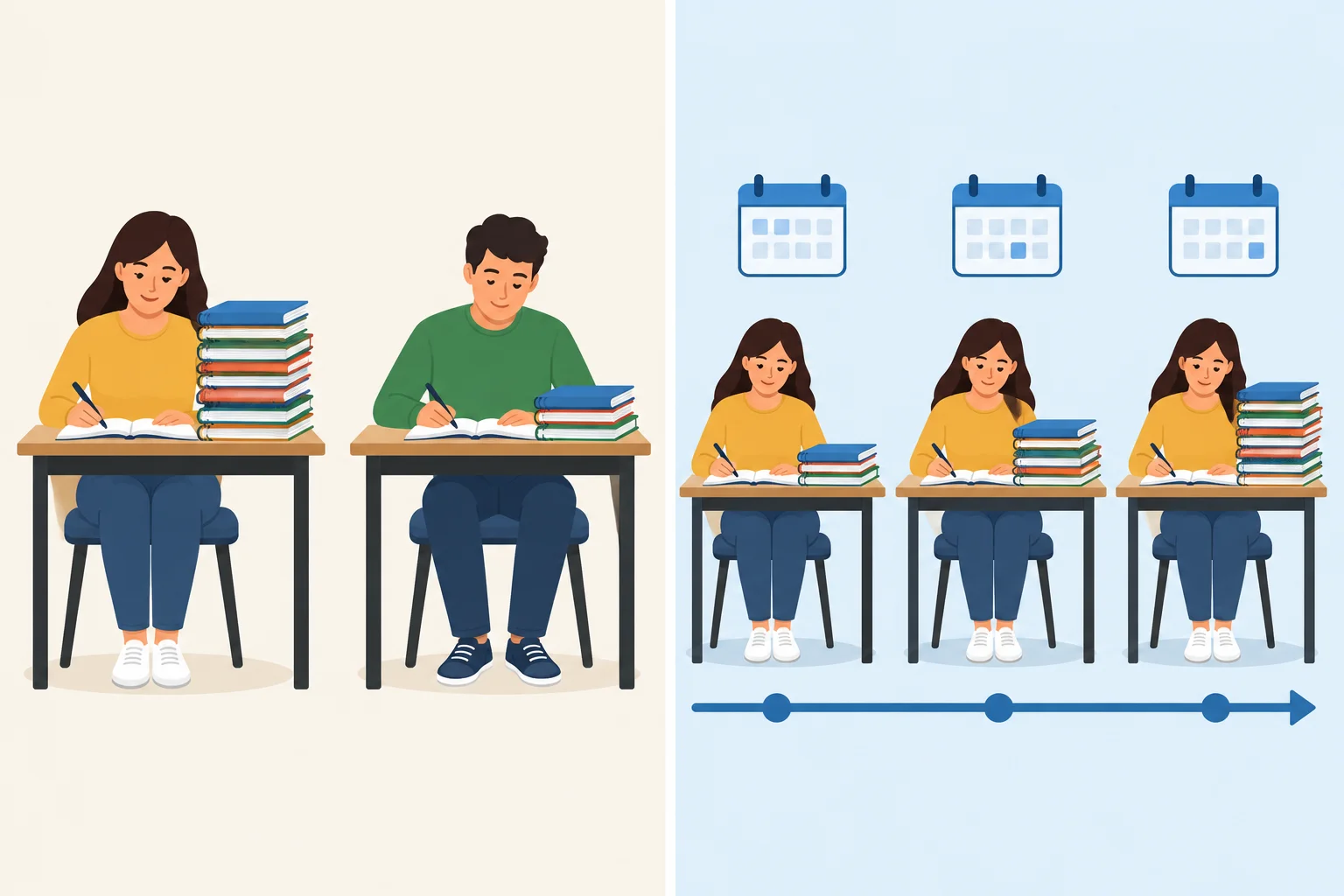 À esquerda, duas pessoas são comparadas no mesmo momento. À direita, a mesma pessoa aparece em três momentos, com mais materiais de estudo a cada etapa.