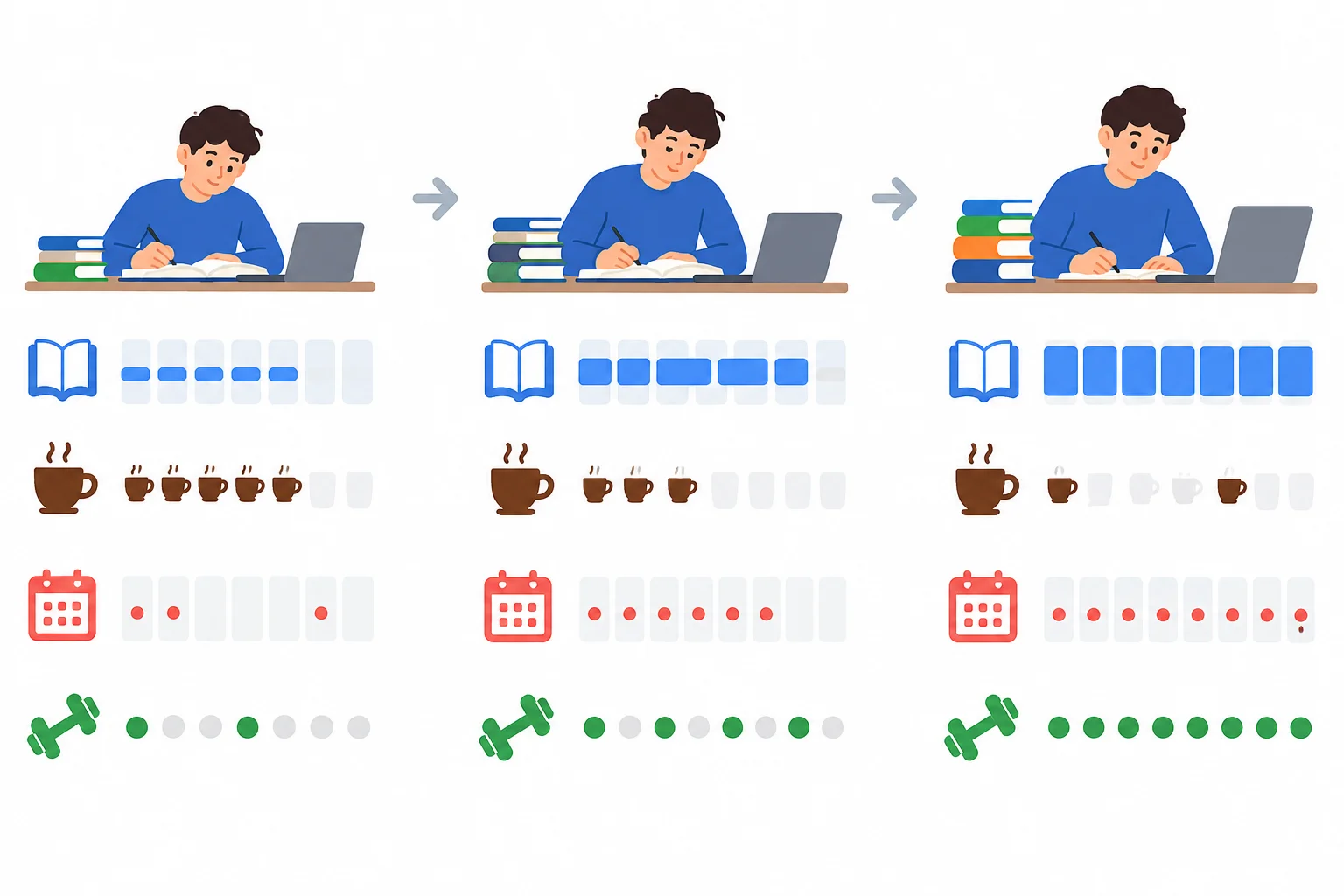 Infográfico com quatro tendências em uma rotina: mais estudo, menos café, agenda mais cheia e exercícios mais frequentes.
