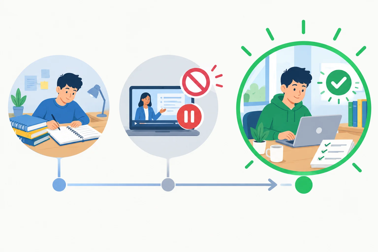 Linha do tempo com início de um projeto de estudos, uma interrupção no meio e a situação atual destacada.