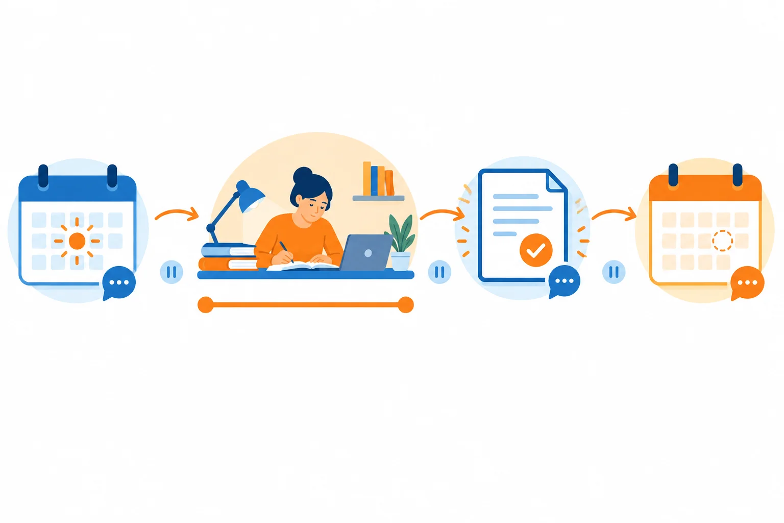 Linha do tempo com marco atual, atividade em desenvolvimento, resultado concluído e marco futuro previsto, separados por pausas.