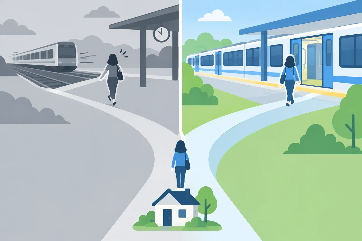 Diagrama com dois caminhos: em um, a pessoa perde o trem; no outro, ela sai mais cedo e consegue embarcar.
