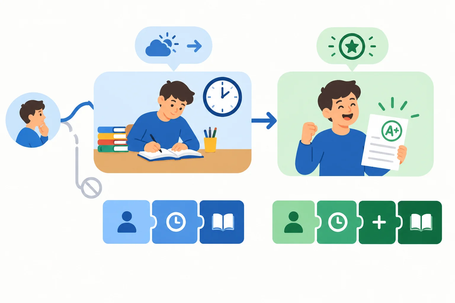 Diagrama em dois blocos conectados: uma estudante teria estudado e, como consequência, teria passado na prova.
