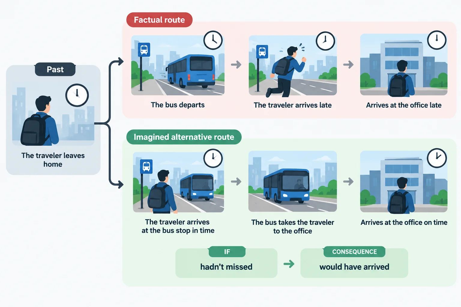 Diagrama com dois percursos: no fato, uma pessoa perde o ônibus; no cenário alternativo, ela não o perde e chega no horário.