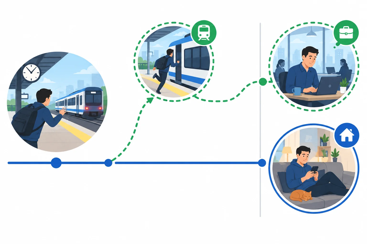 Linha do tempo que contrasta o trem perdido no passado e a pessoa em casa agora com o cenário imaginado de ter pegado o trem e estar no trabalho agora.