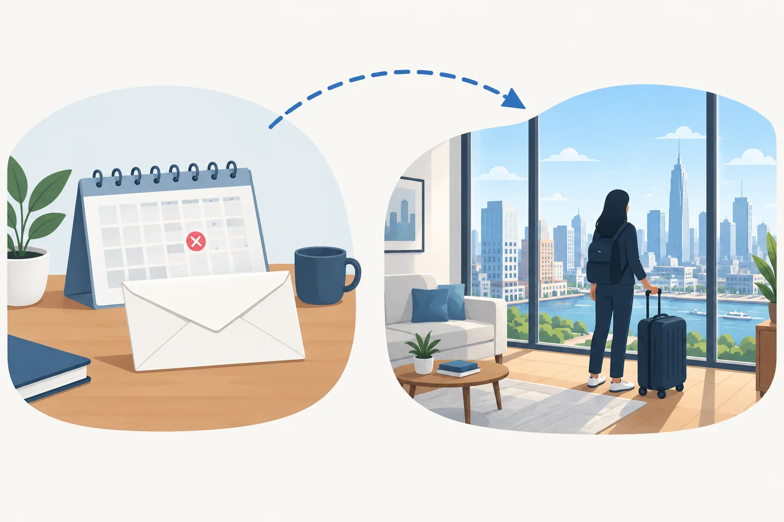 Linha do tempo com uma oportunidade de emprego no passado ligada a uma situação de moradia imaginada no presente.