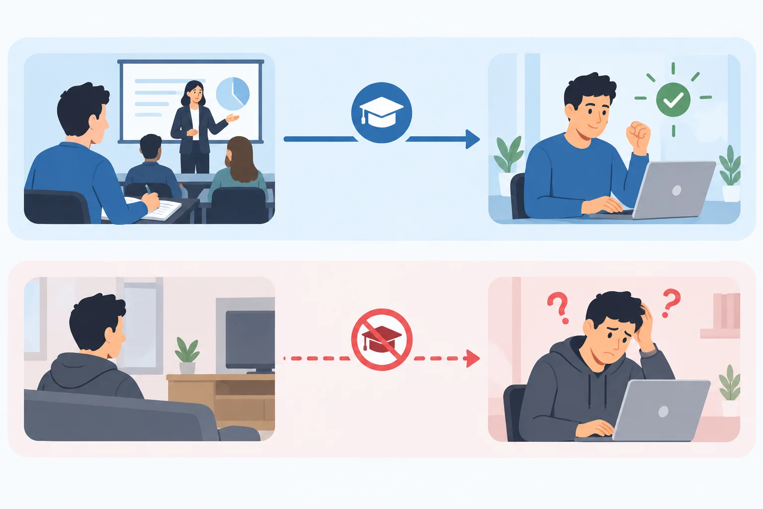 Linha do tempo comparando o fato de participar de um treinamento no passado e estar confiante agora com a alternativa de não participar e estar confuso no presente.