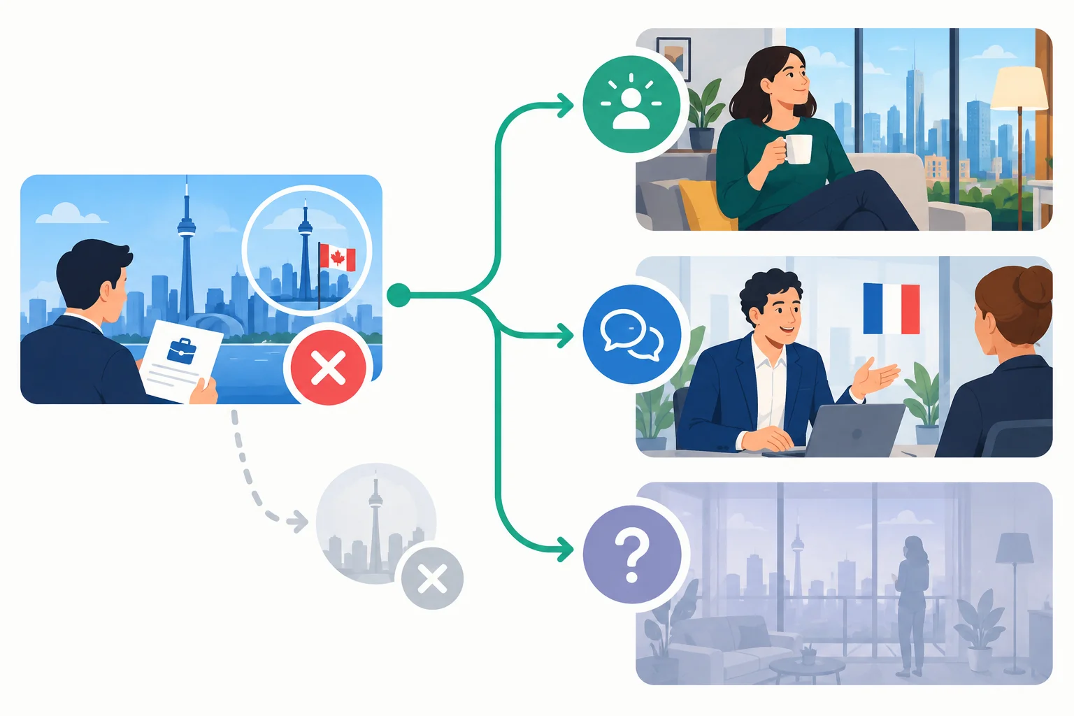 Linha do tempo mostra uma oferta de trabalho passada como condição alternativa e três tipos de resultado possível no presente.