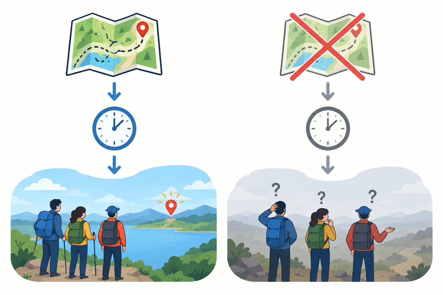 Diagrama mostra um mapa presente no passado levando a viajantes orientados no presente e, em uma linha alternativa, a ausência do mapa levando a viajantes perdidos agora.