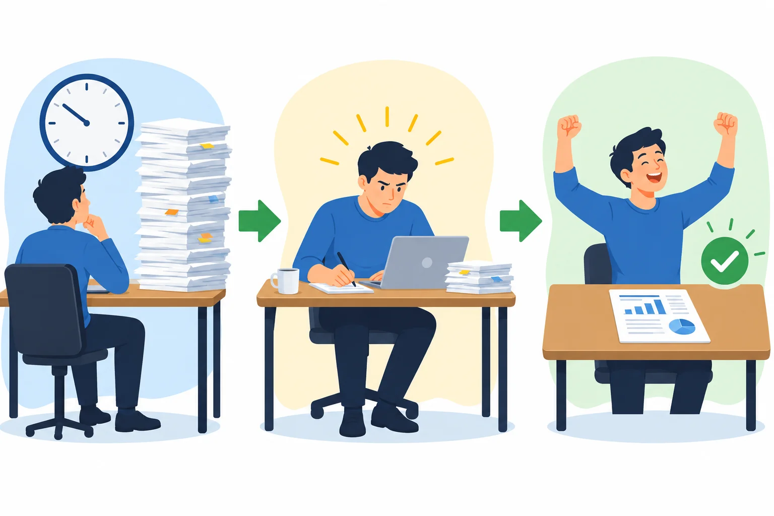Sequência visual: prazo e pilha de papéis como obstáculo, esforço no trabalho e relatório concluído como resultado.