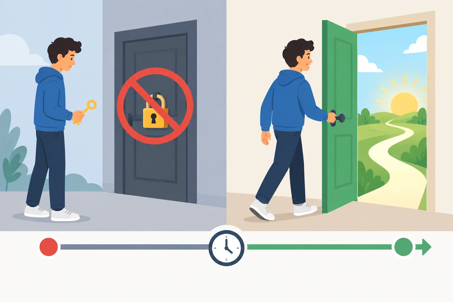 Comparação visual entre uma pessoa impedida de entrar em uma porta trancada em um episódio e conseguindo entrar por outra porta depois.