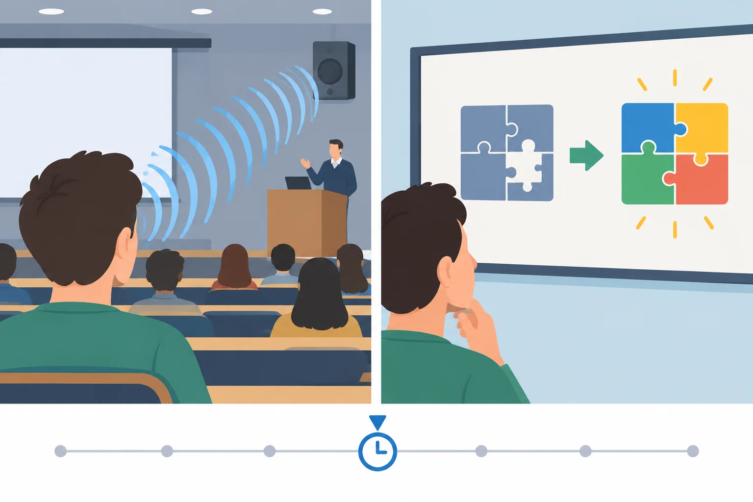Comparação visual entre ouvir uma pessoa em uma sala e compreender uma explicação em um momento passado específico.