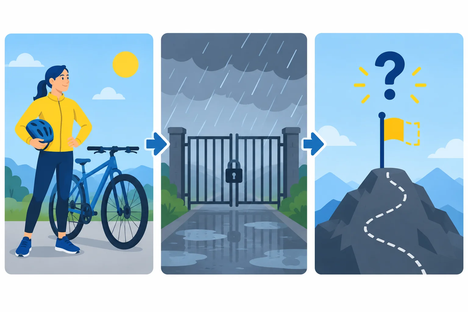 Diagrama em três partes: uma pessoa com habilidade para andar de bicicleta, um portão fechado como circunstância externa e um destino com ponto de interrogação como resultado desconhecido.