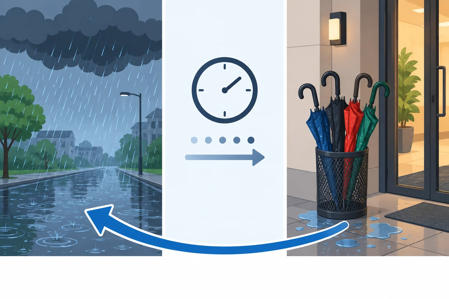 Linha do tempo visual: chuva no passado e guarda-chuvas molhados observados depois, ligados por uma seta de inferência.