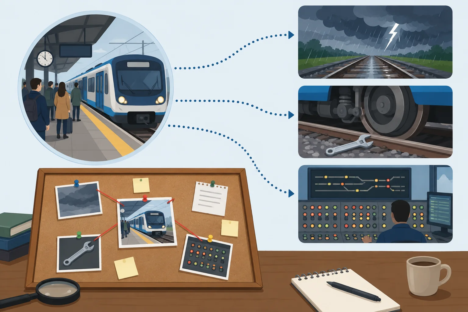 Três causas possíveis para o atraso de um trem, todas compatíveis com pistas insuficientes.