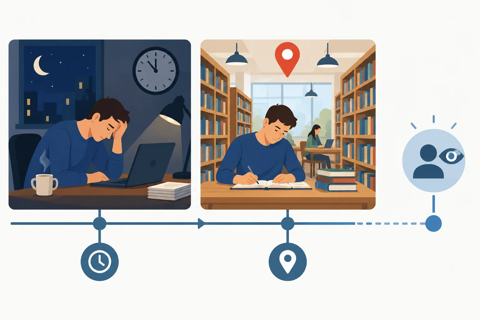 Diagrama com uma linha do tempo: pistas no presente levam a uma hipótese sobre o estado ou o lugar de uma pessoa no passado.
