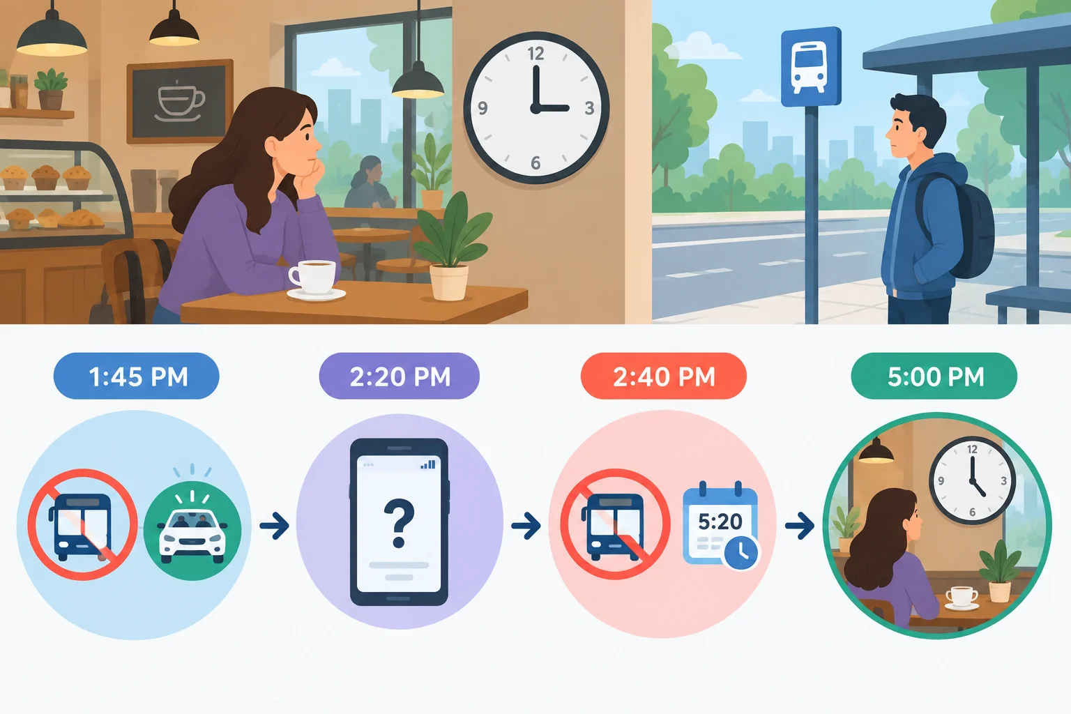 Linha do tempo visual do encontro, com o ônibus suspenso, um carro por aplicativo disponível, a falta posterior de transporte e uma mensagem sem explicação confirmada.