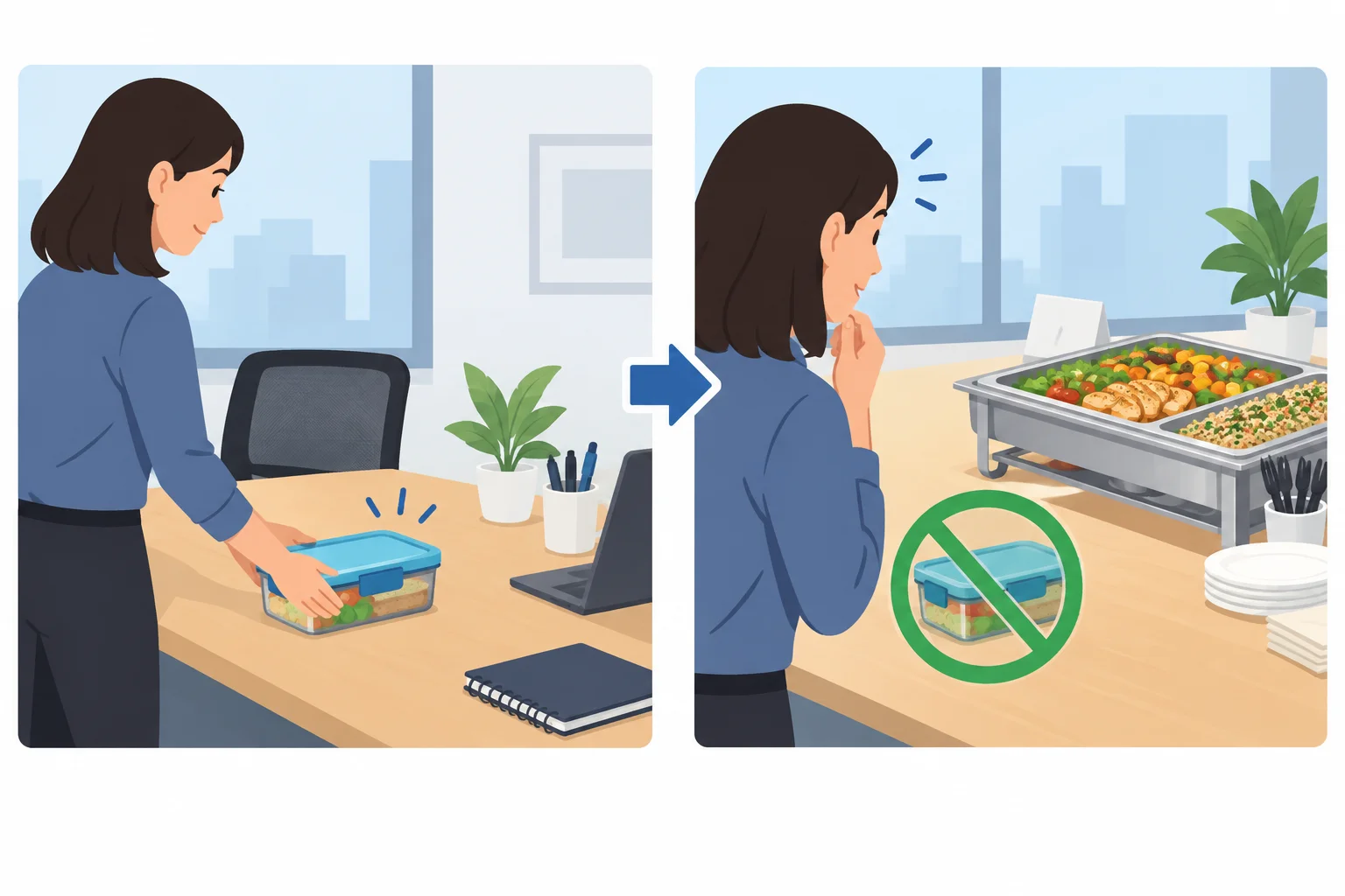 Esquema em dois momentos: uma pessoa já colocou uma lancheira na mesa e depois percebe que havia almoço disponível.
