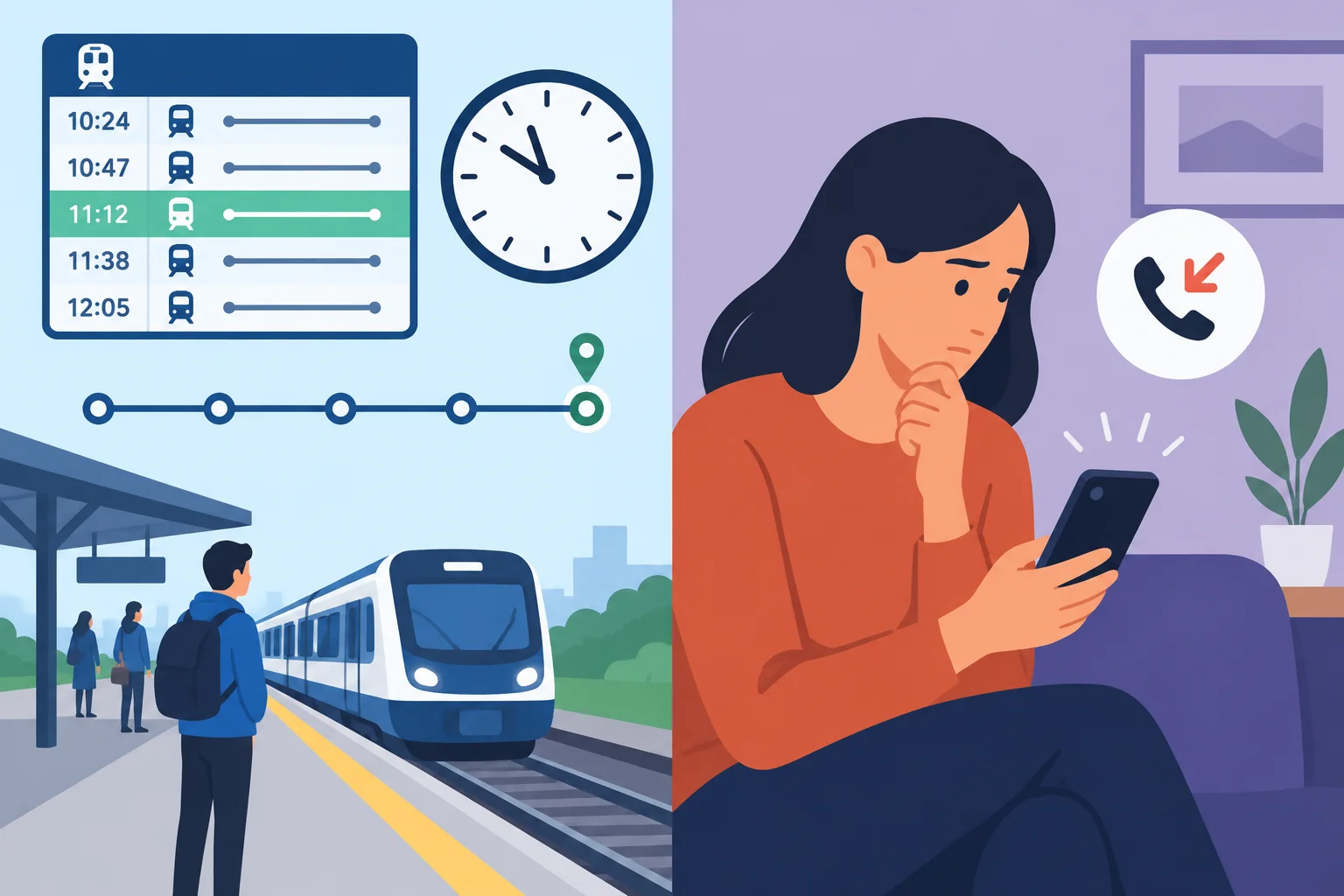 Comparação visual entre uma expectativa baseada no horário de um trem e uma crítica por não ter feito uma ligação.