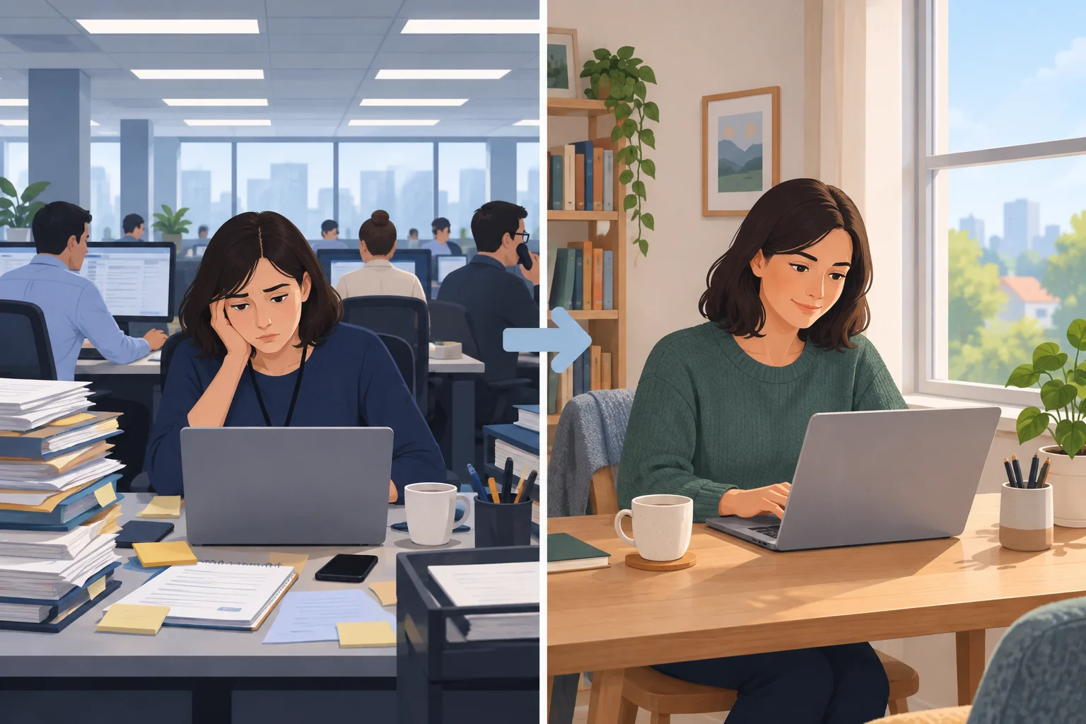 Comparação entre trabalhar em um escritório agora e imaginar trabalhar de casa no mesmo momento.