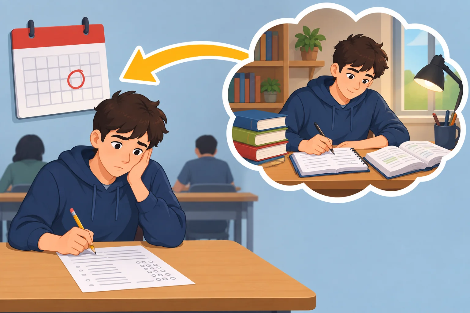 Linha do tempo mostrando uma prova no passado e, antes dela, a alternativa imaginada de estudar mais.