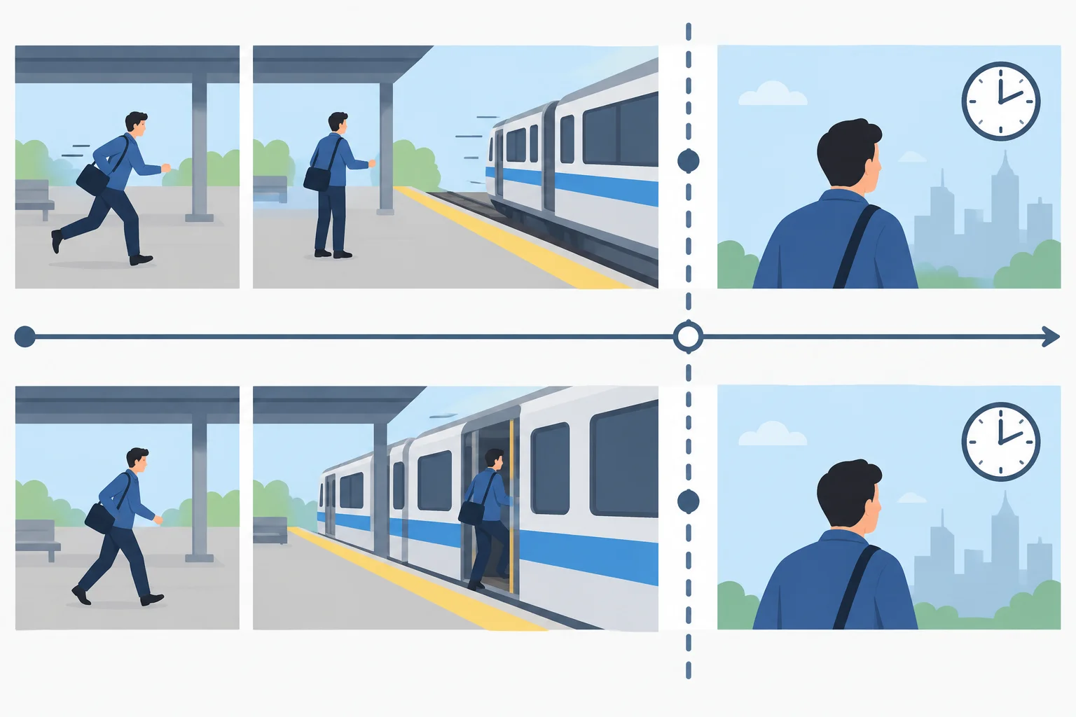 Linha do tempo comparando a perda de um trem no passado com a alternativa imaginada de chegar a tempo.