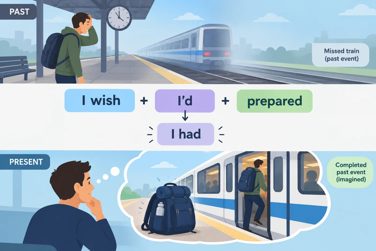 Linha do tempo mostra um fato passado e uma alternativa imaginada; a contração I'd se expande para I had em um desejo com wish.