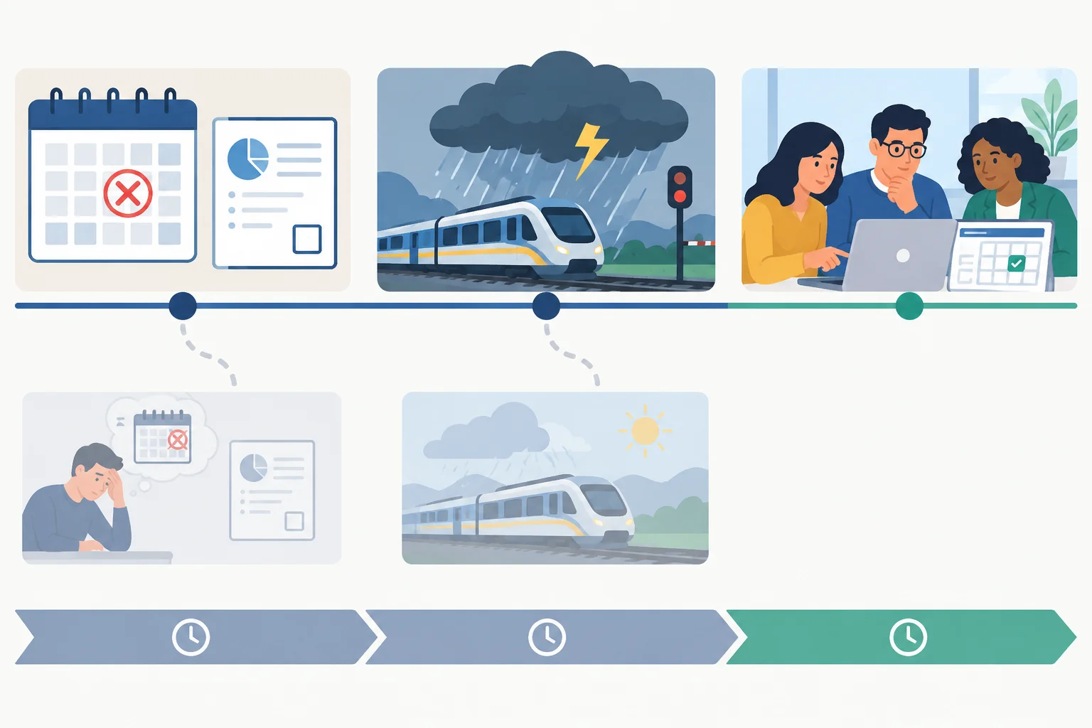 Linha do tempo mostrando uma escolha pessoal e um atraso de trem no passado, com o reagendamento como consequência atual.