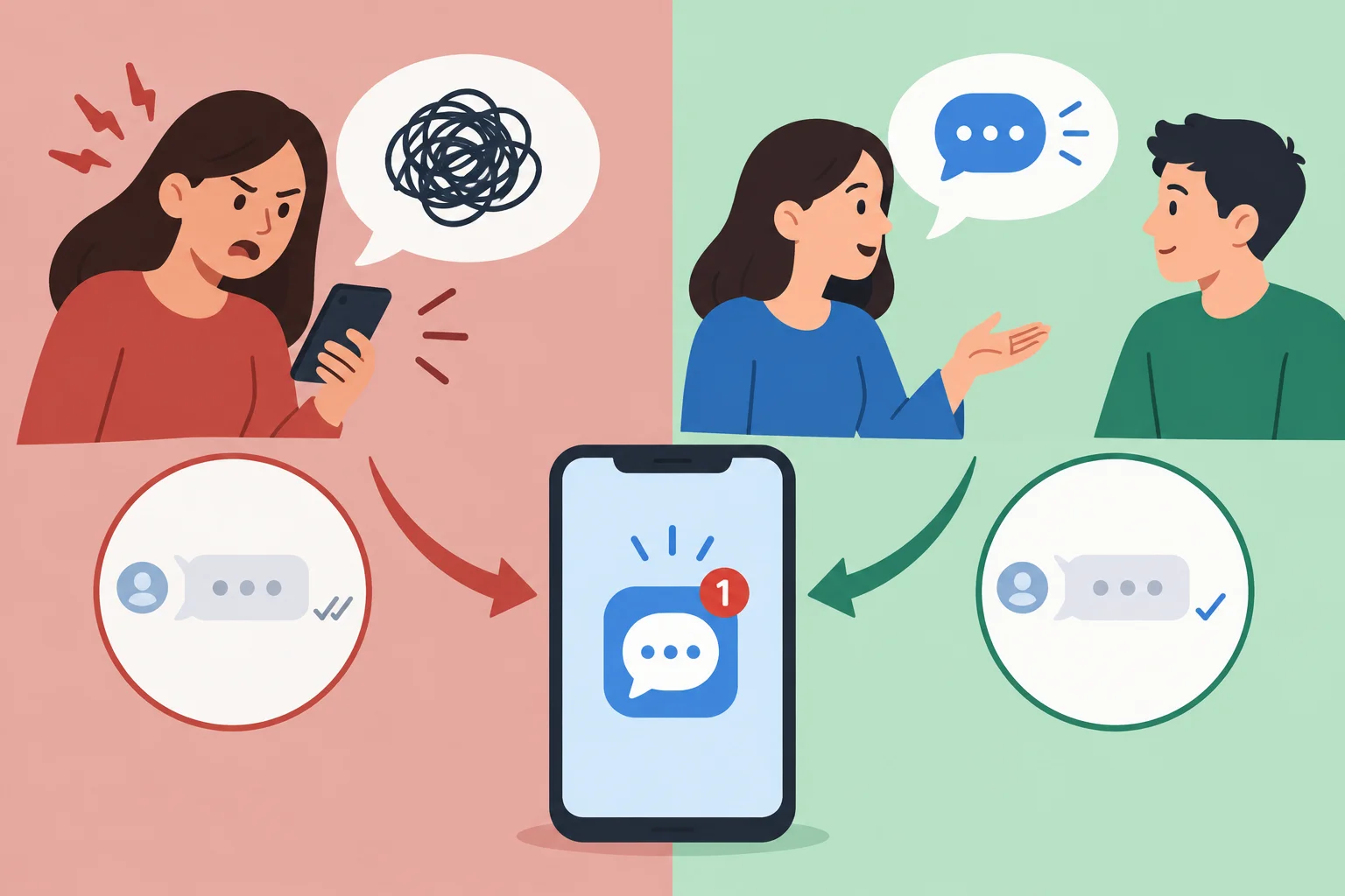 Comparação visual entre desabafar sobre mensagens sem resposta e pedir uma resposta.