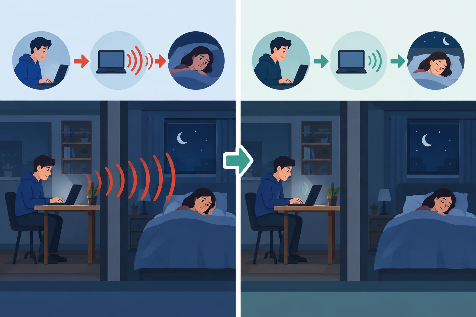 Diagrama de um apartamento compartilhado: vídeos em volume alto impedem o sono; no segundo quadro, o volume está baixo e a pessoa dorme.