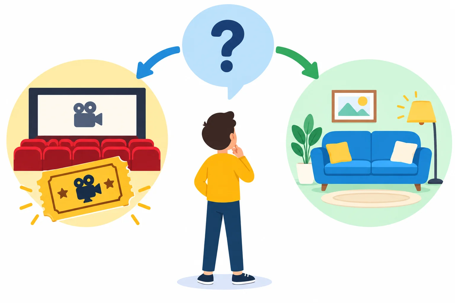 Diagrama de uma pergunta que apresenta dois caminhos possíveis: ir ao cinema ou ficar em casa.
