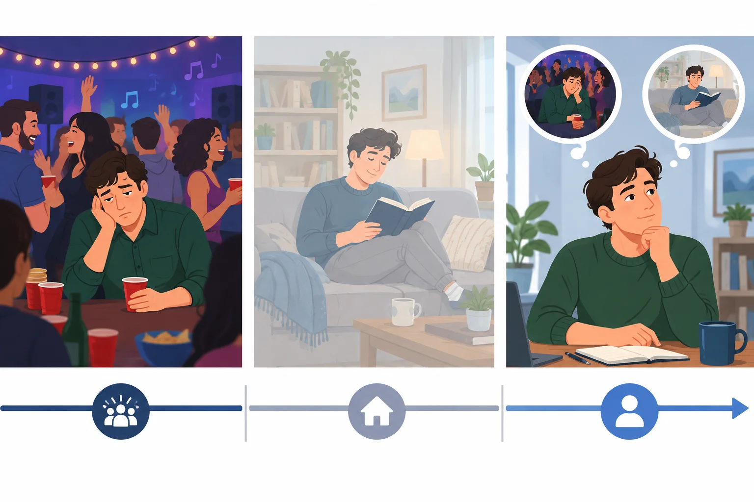 Linha do tempo mostrando uma festa que ocorreu, a alternativa de ficar em casa e a pessoa refletindo no presente.