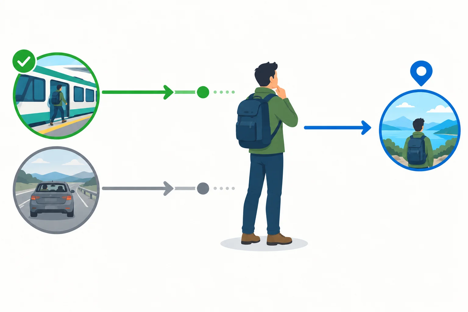 Diagrama com a mesma pessoa comparando duas ações encerradas no passado: pegar o trem como alternativa preferida e dirigir como alternativa comparada.