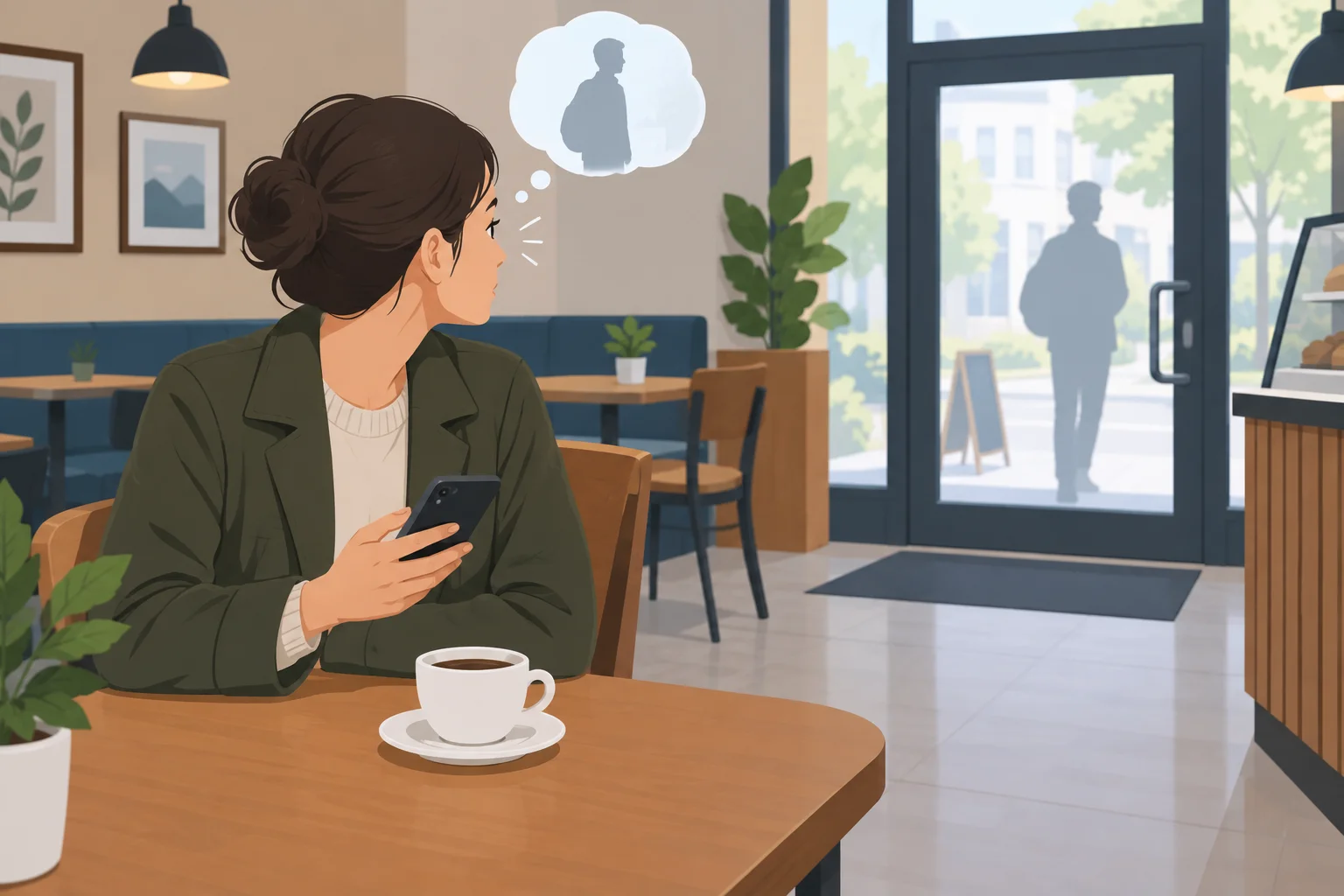 Pessoa em um café olha para a porta e segura um celular; uma silhueta em um balão de pensamento representa a possibilidade de que esteja esperando alguém.