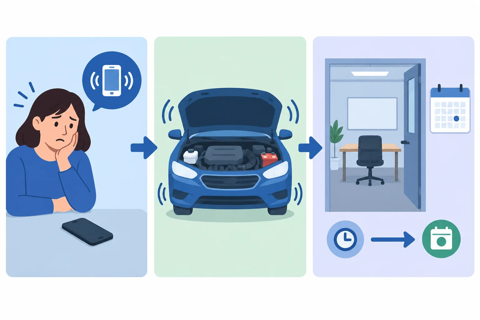 Três cenas: uma pessoa preocupada para uma situação atual, um motor vibrando para uma ação em andamento e uma sala de reunião vazia ligada a um momento anterior e ao presente.