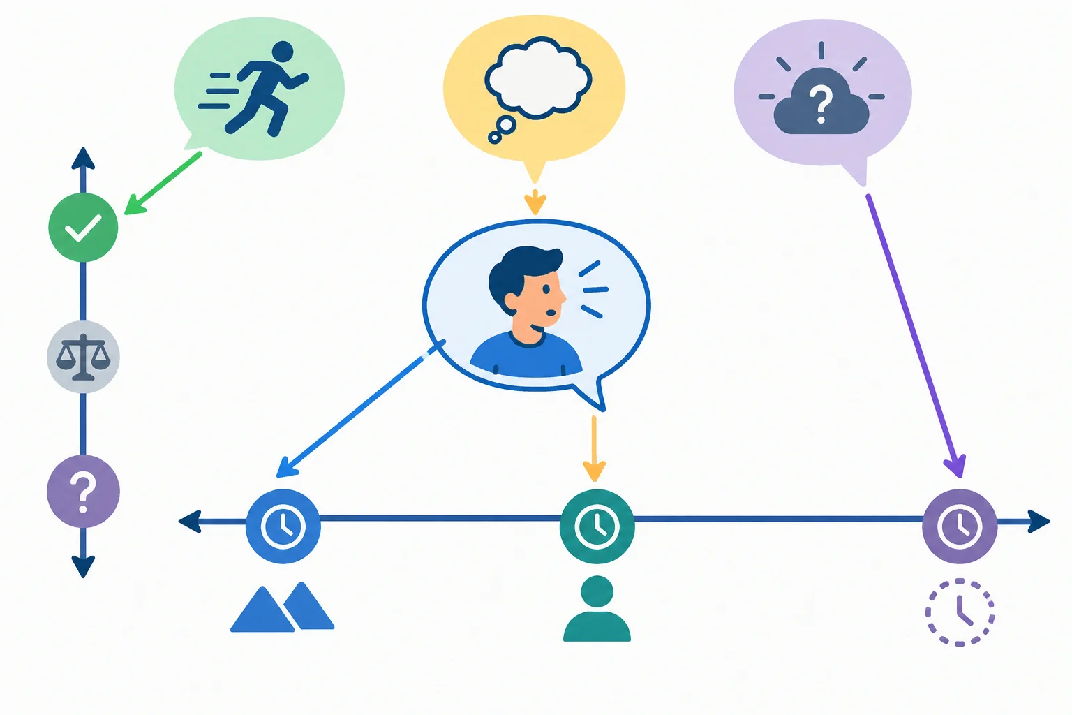 Diagrama com um eixo de tempo e outro de postura do falante, mostrando que uma comparação pode ser localizada no tempo sem ter sua verdade confirmada.