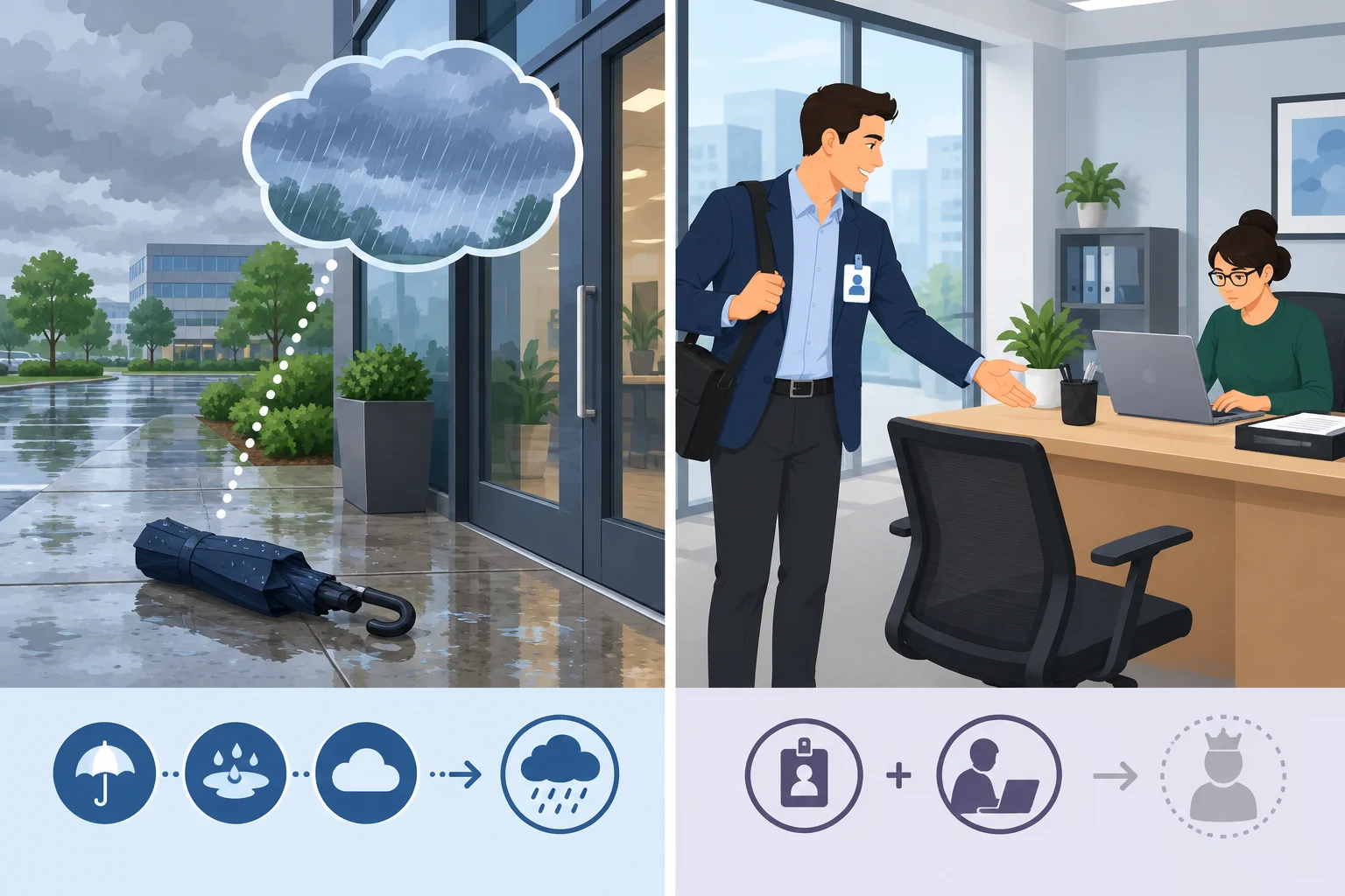 Comparação visual entre pistas de chuva anterior e um visitante que se comporta como se fosse dono de um escritório.