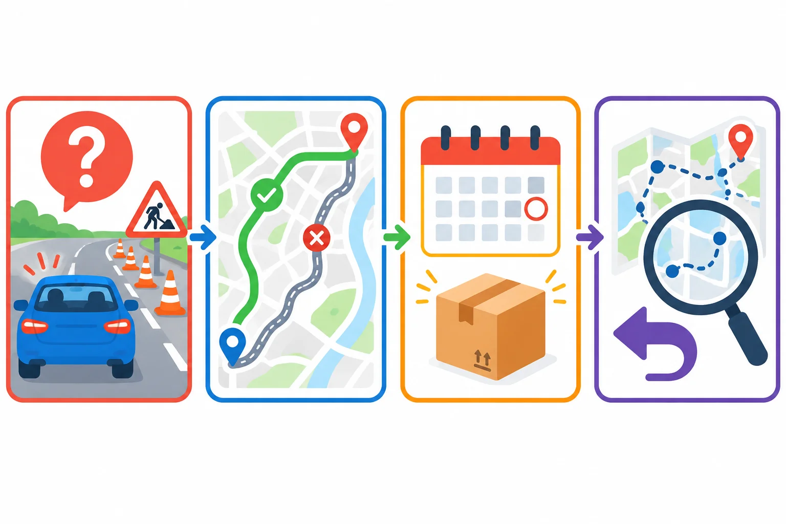 Diagrama com quatro situações: causa possível de atraso, rota alternativa, entrega esperada e decisão que teria sido mais adequada.