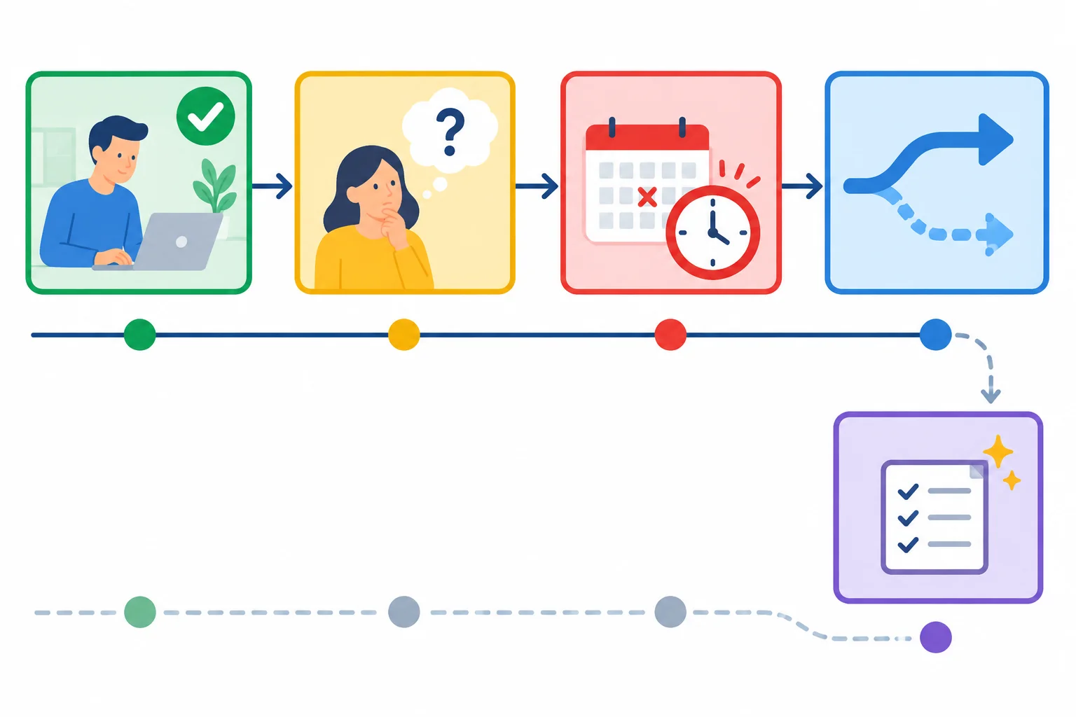 Diagrama com cartões separados para fato informado, possibilidade, prazo não cumprido e alternativa condicional.