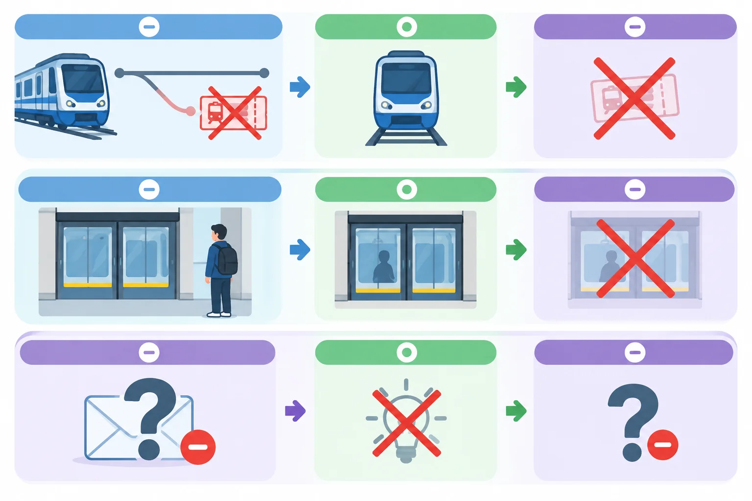 Diagrama com três faixas: uma condição alternativa negada ligada a um trem, uma consequência negada diante de portas fechadas e uma avaliação incerta ligada a um e-mail.