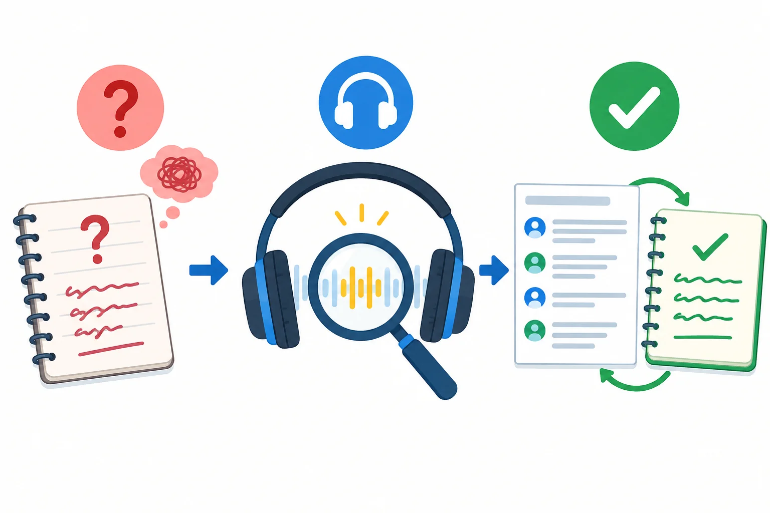Fluxo visual: anotar uma dúvida, reouvir buscando uma pista e conferir a transcrição antes de corrigir a anotação.