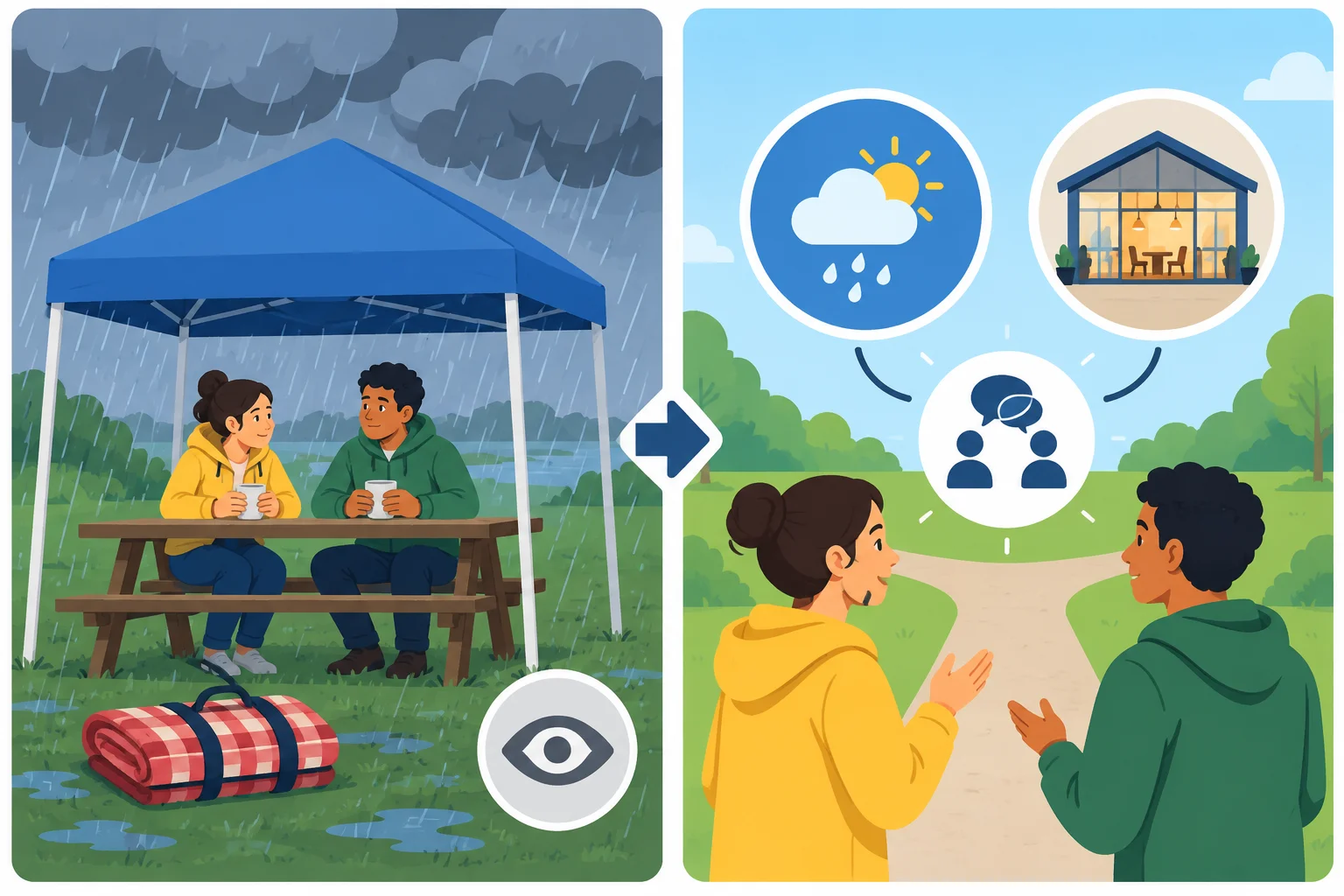 À esquerda, a chuva interrompe um encontro ao ar livre; à direita, duas alternativas de planejamento representam possibilidades a explorar.