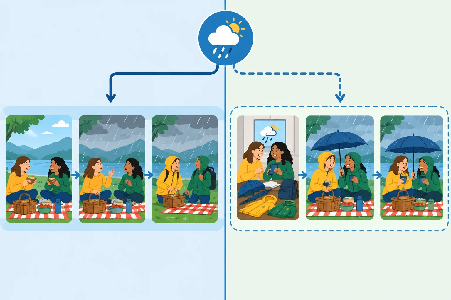 Diagrama com o encontro ao ar livre interrompido pela chuva de um lado e uma preparação alternativa com guarda-chuva do outro.