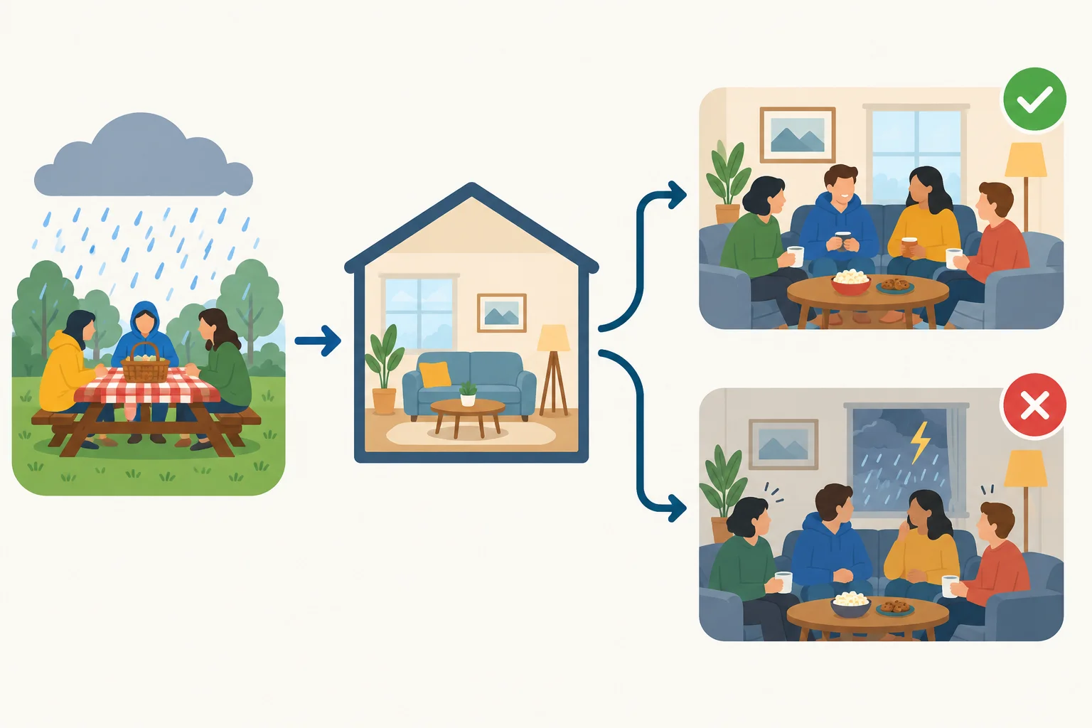 Diagrama mostra um piquenique na chuva, a opção de ir para um local fechado e dois resultados possíveis depois dessa escolha.