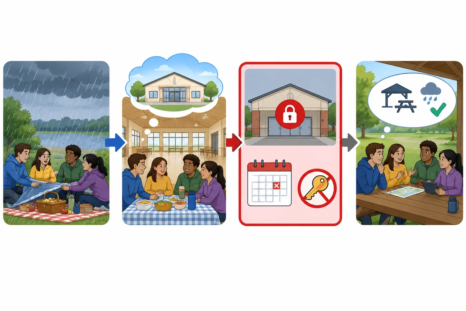 Esquema mostrando um piquenique interrompido pela chuva, a alternativa de usar um salão e a descoberta de que o salão estava indisponível.