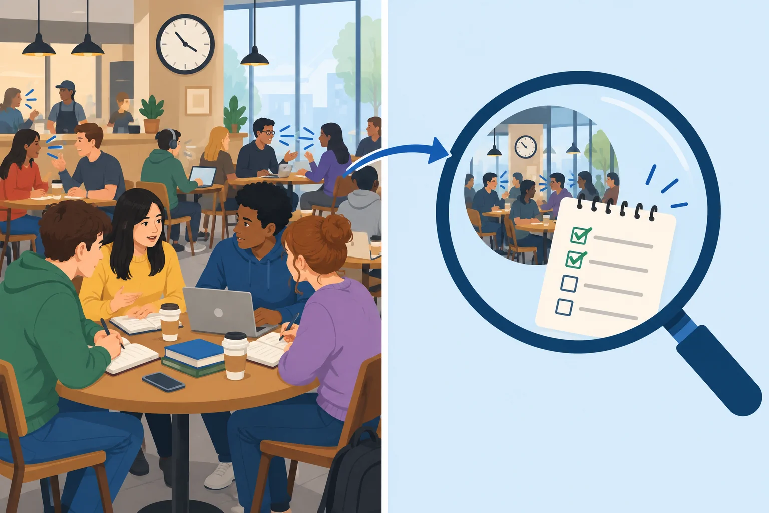 Comparação visual entre condições observadas em um café cheio e uma interpretação possível sobre o baixo progresso do grupo.
