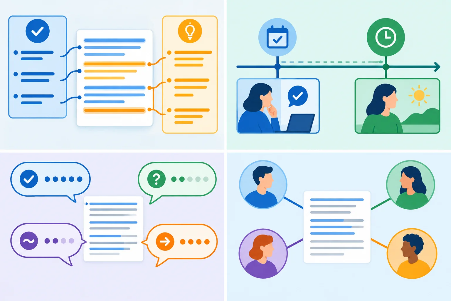 Diagrama com quatro lentes de revisão: informação, linha do tempo, sentido dos modais e participantes.