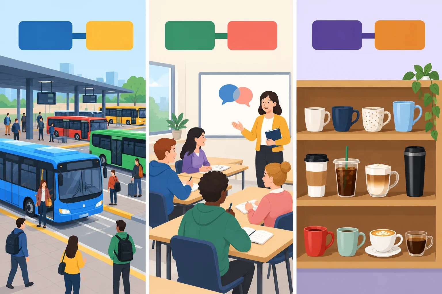 Três cenas mostram vários ônibus em uma estação, vários alunos em um curso e várias xícaras, reforçando que a quantidade da situação não determina a forma do modificador.